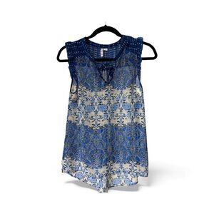 Elle Boho Top Women's XS Sheer Paisley Stripe Sleevelss V-Neck Blue